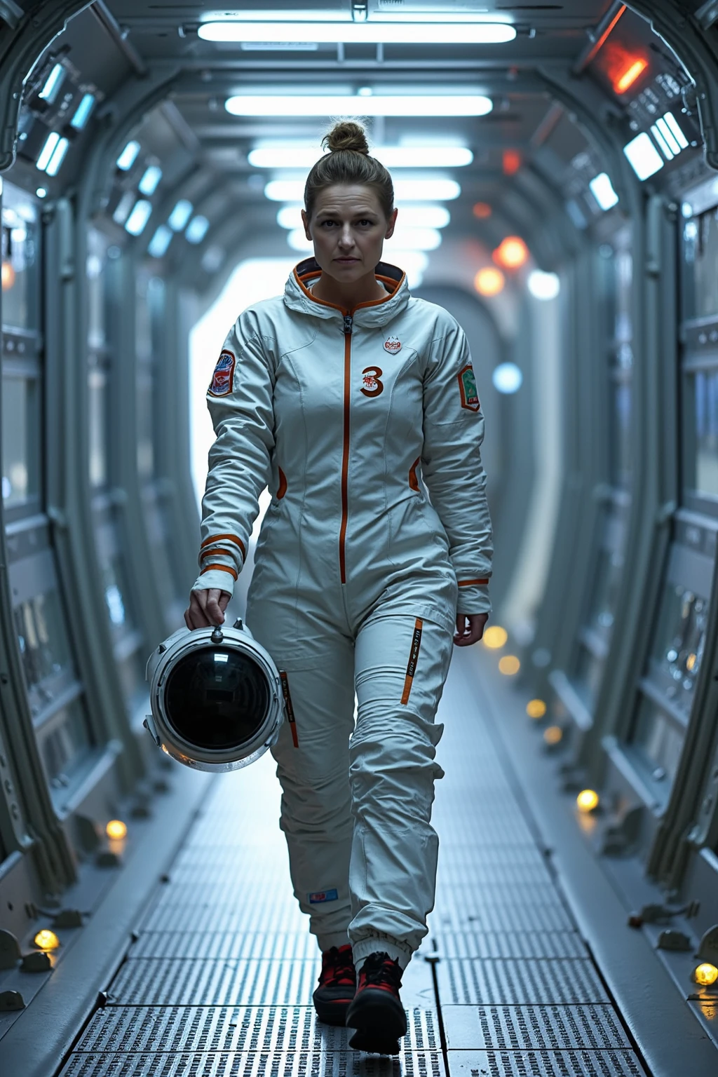 <lora:Anne-Elisabeth-Lemoine_Flux1D_LOREVER:1.3> 
This is a professional photography featuring AELemoine, woman with fair detailed skin and bun hairstyle. AELemoine has a slender physique and is walking to us in a corridor of a futuristic spaceship. She wear a white space suit with some orange touch. She held her round futuristic astronaut helmet under her arm at his elbow. The lighting coming from neons on top, creating harsh shadows. Focus on AELemoine as the main subject, the photo concentration atmosphere. Wall are full of screens, buttons, lights and electronic parts in futuristic way. The floor is a grid with some yellow light under. The hallway accentuates the depth of field behind AELemoine and becomes dark and blurry.