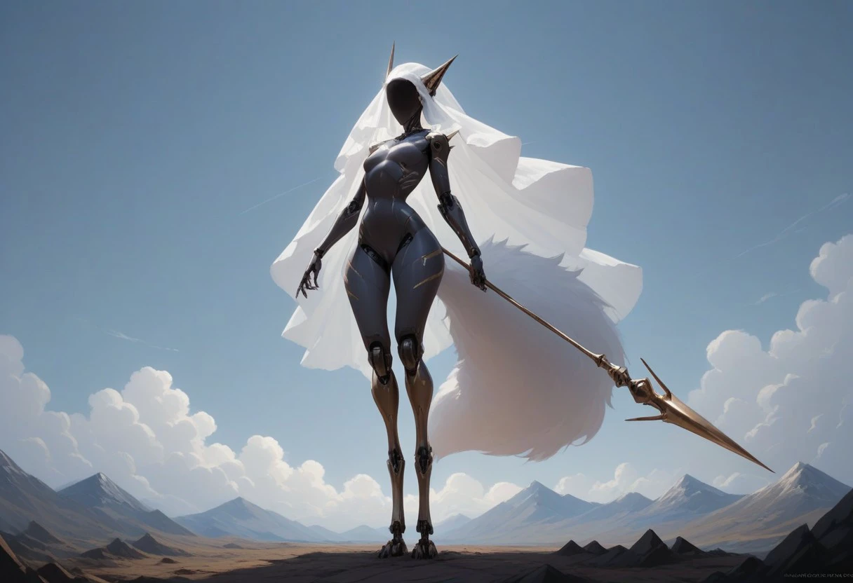 Score_9, score_8_up, score_7_up, solo focus, Sent1nel, faceless, android, veil, medium breasts, giantess, holding spear, mountains