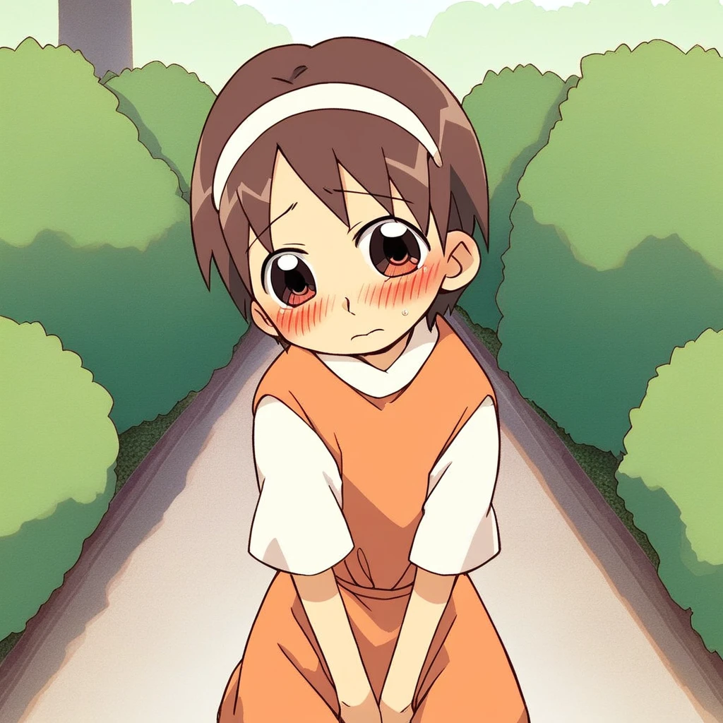 score_9, score_8_up, score_7_up, source_anime, prefect lighting, very aesthetic, intricate details, highly detailed background, high quality, prefect hands, best quality, 1boy, junji manda, ojamajo doremi, light skin, shoulder-length brown hair, brown eyes, summer dress, hands together, shy, blush, looking at viewer, white hairband, outdoors, park, tree, bush,