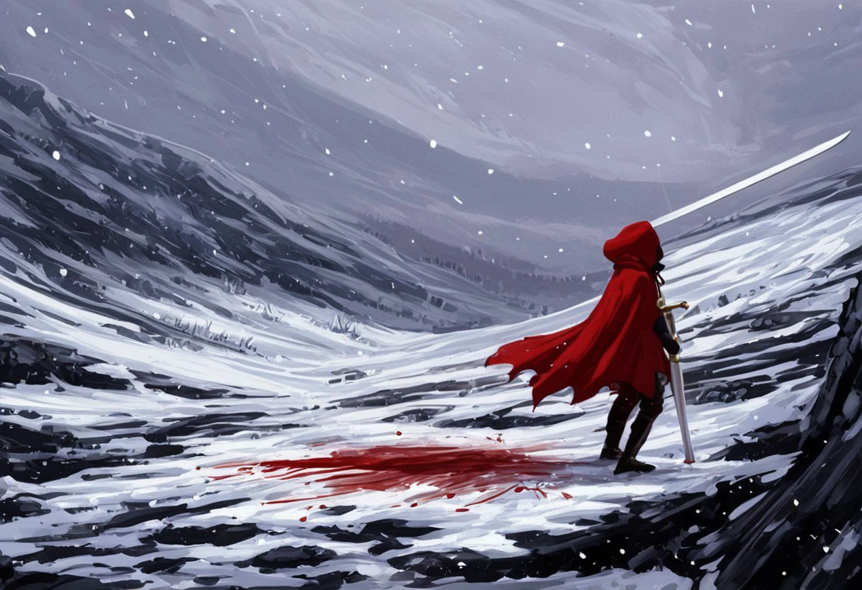 The image depicts a woman in a red hooded cloak, standing in a snowy landscape with a large, bloodied animal carcass at his feet. The woman is dressed in a red hooded cloak and a fur-lined cloak, and is holding a sword in his right hand. The animal, which appears to be a wolf or bear, is lying on the ground, its body covered in blood.