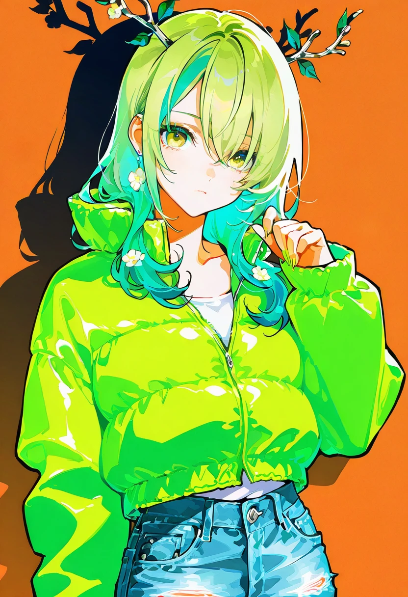 1girl,solo,looking at viewer,ikeda ruriko, puffer jacket, green jacket, jeans,upper body, ceres_fauna