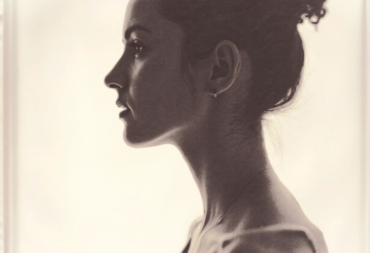 an aesthetic, minimalist depiction of a female profile in side view. The focus is on the soft contours and calm, monochromatic tones. The scene feels mystical and dreamy, almost as if viewed through a delicate mist, with gentle light accentuating the silhouette. The background is diffuse and creamy white, drawing attention to the elegant simplicity of the figure.