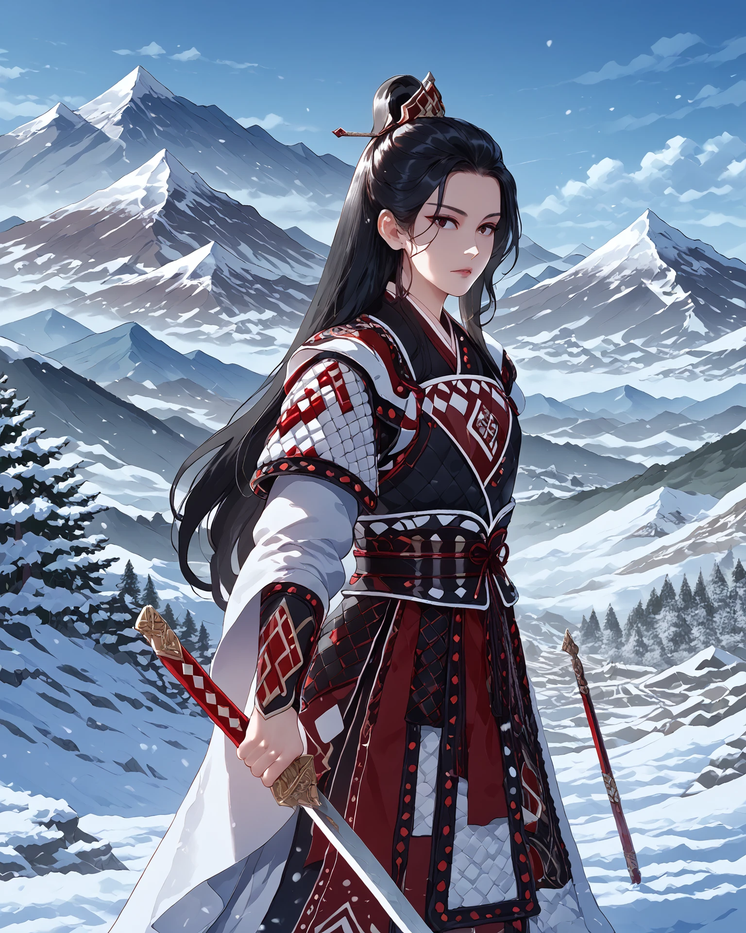 1girl, chinagen, black hair, red embroidery, patterning, snowy mountain, holding sword, beautiful mountain scenery, masterpiece, highest quality, absurdres, digital art, very detailed, score_9, score_8_up, score_7_up, long hair,  <lora:ChinaGen_XL-000012:1.2>,   <lora:nyantcha_style_pdxl_v2_goofy:1>,