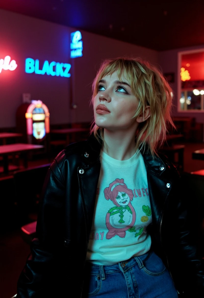 {    "T5": "This image is a high-quality photograph shot on a medium format film camera using Kodak Portra 400 film with a 2.8 aperture. The setting is a dimly lit, retro-style diner at night, with neon signs and a jukebox in the background. Sophie Thatcher, the main character, sits alone at a booth, dressed in a black leather jacket, a white band t-shirt, and high-waisted jeans. Her messy blonde hair is pulled back, revealing her slender neck. She has a hint of a smirk on her face, gazing out the window with a sense of longing. The overall mood is moody and introspective, with a hint of nostalgia. The diner's atmosphere is warm and cozy, with the scent of freshly brewed coffee and cigarettes in the air. The lighting is soft and diffused, with a warm glow from the neon signs casting a flattering light on Sophie's pale complexion.",    "CLIP": "Young woman, blonde hair, dark roots, leather jacket, band t-shirt, jeans, retro diner, neon signs, jukebox, medium format film, Kodak Portra 400, 2.8 aperture, dim lighting, night, moody, introspective, nostalgic" }