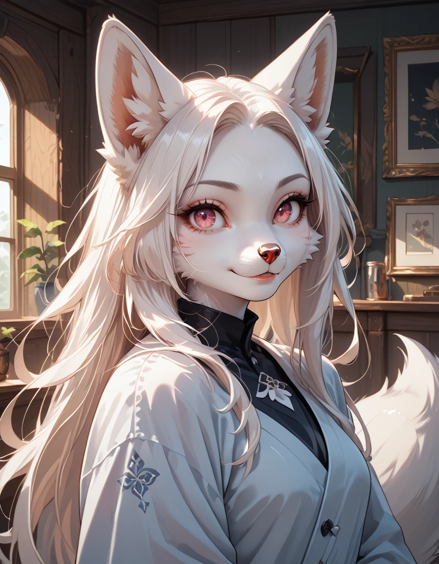 score_9,score_8_up,score_7_up,
indoors,bedroom,
headshot,seductive smile,parted lips,long eyelashes,standing,pose,
<lora:Kytsune_v01_PDXL:1>,Kytsune,1girl,solo,furry female,fox girl,fox ears,animal ear fluff,fox tail,white hair,long hair,pink eyes,body fur,white fur,snout,animal nose,
<lora:add-detail-xl:1>,