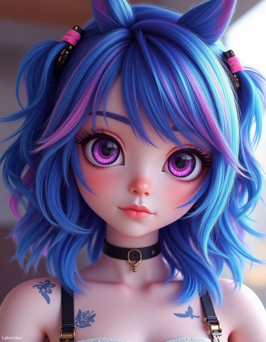 a women looking straight into the lens , ses cheveux sont bleu, blanc et rouge <lora:HairColors-V1-Lora-0001:1> HairColors, cute, tiny, little chibi, kawai, furry, great face expression, dynamic pose, trending on artstation, cinematic, hyper realism, high detail, 8k, 8mm, octane render, bokeh, artstation, detailed, character design by mark ryden and pixar