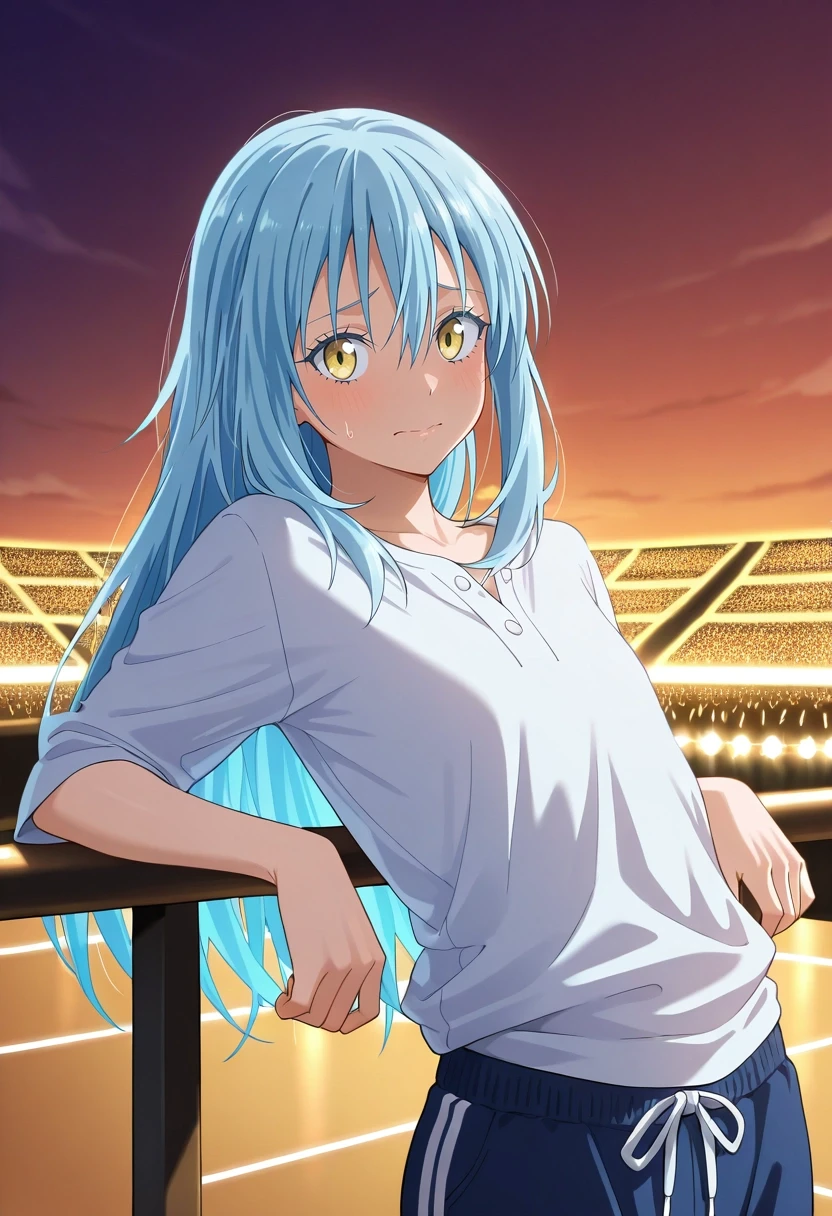 masterpiece, best quality, , (photorealistic:0.6), looking at viewer, , 1other, androgynous, solo, <lora:rimuru_tempest_ilxl:1>, rimuru_tempest, blue hair, yellow eyes, long hair, bangs, hair between eyes, , upper body, concert, dawn, leaning back, nervous, Athletic sweatpants, Linen shirt, , ,