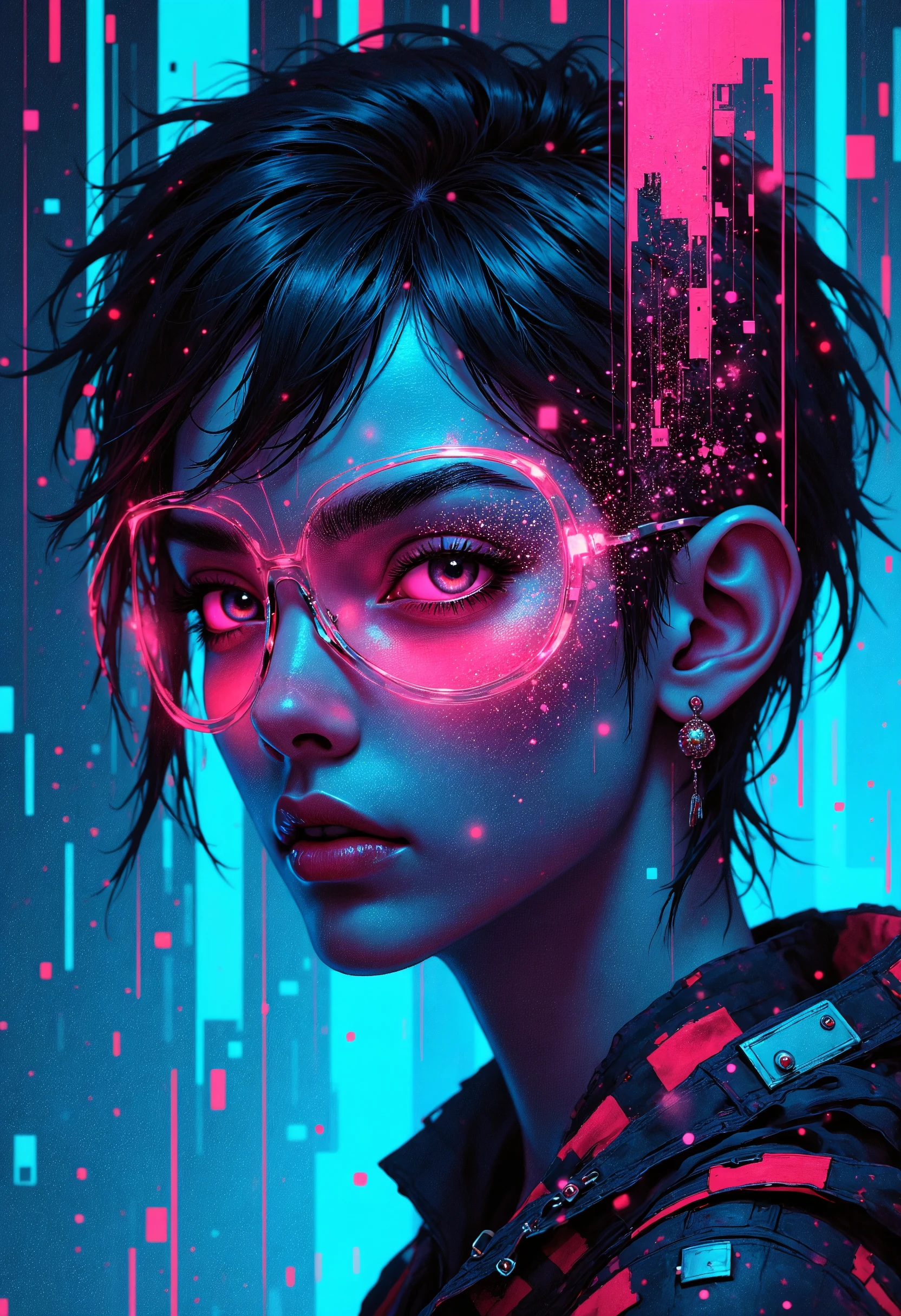 masterpiece, high-quality, A cyberpunk hacker with glowing pink streaks in her short black hair, Her intense gaze pierces through the holographic interface reflected in her eyes, while a larger, translucent projection of herself coding frantically appears behind, neon accents, digital background (elaborate fine details:1.1), (hyperdetailed:1.1), (intricate details:1.0), (Refined details:1.1), (best quality:1.1), (high resolution:1.2), <lora:FLUX\EmberveilV3:1.0>