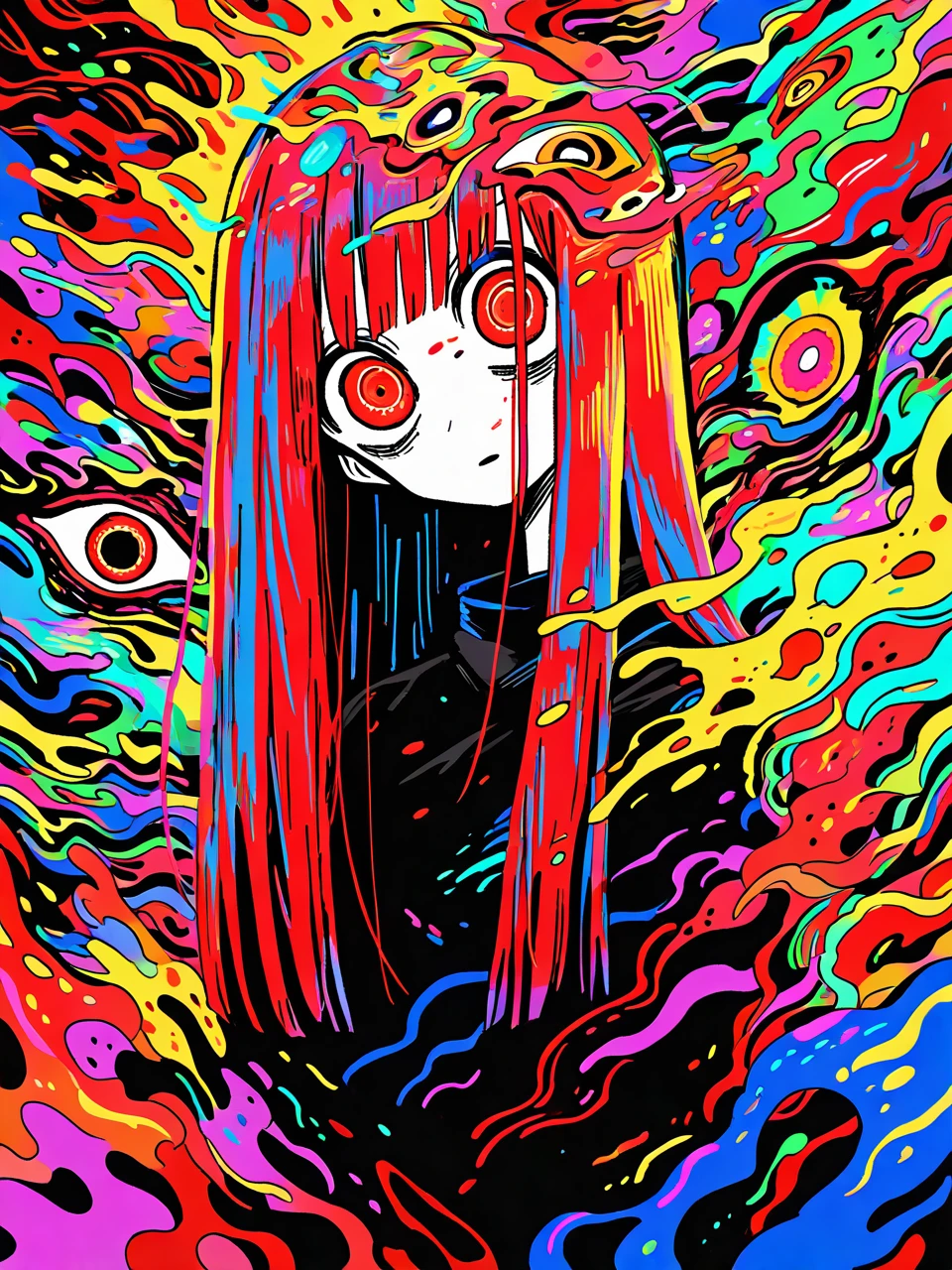 perfect composition, very awa, jaggy lines,  limited palette, spot color,  colorful, acid_trip, abstract background, 
1girl, upper body, solo,  multicolored hair, straight hair, red eyes, wide eyes, <lora:vivid:0.6>