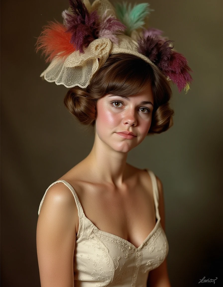 elegant classic 1900s portrait giant elegant elaborate hat with colorful feathers low neck line showing bosom <lora:sally-field-flux:1>