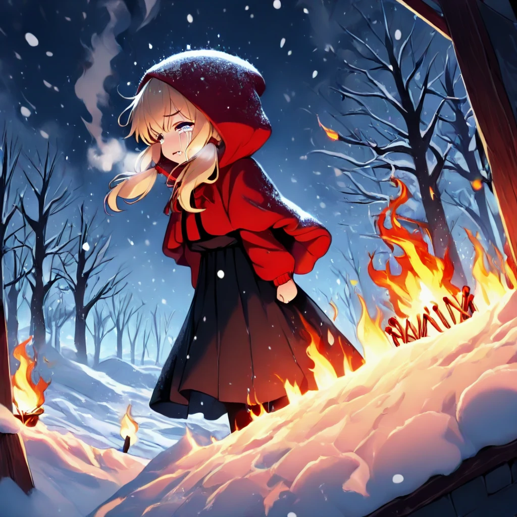 masterpiece, best quality, face focus, lit match, wildfire, bushfire, flaming, blaze, burning, 1girl, tears, crying, blonde hair, low twintails, hood up, red hooded jacket, black long skirt, capelet, fog, wind, steam, night, night sky, bare tree, snow, snowing, snowstorm, <lora:girllikelitmatch_ilxl:1>