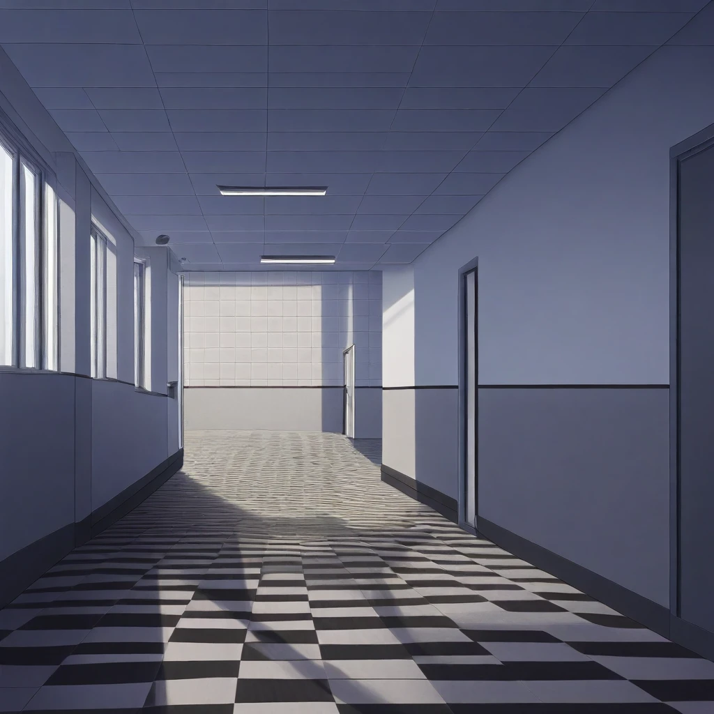 masterpiece, newest, absurdres, best quality, Versabg, door, no humans, scenery, hallway, indoors, tile floor, stairs, window, tiles, shadow, checkered floor