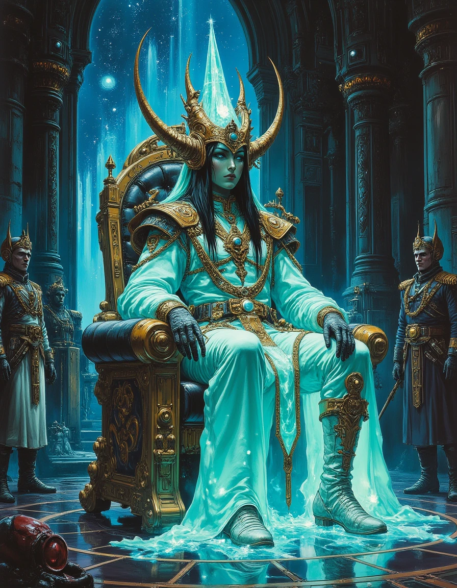 sp4c34n1m3 An extraterrestrial royal figure in ornate bioluminescent attire, seated on a glowing crystalline throne in an alien palace with intricate architecture, surrounded by otherworldly courtiers and guards, ultra-realistic and luxurious.
<lora:Space_Anime:0.7>