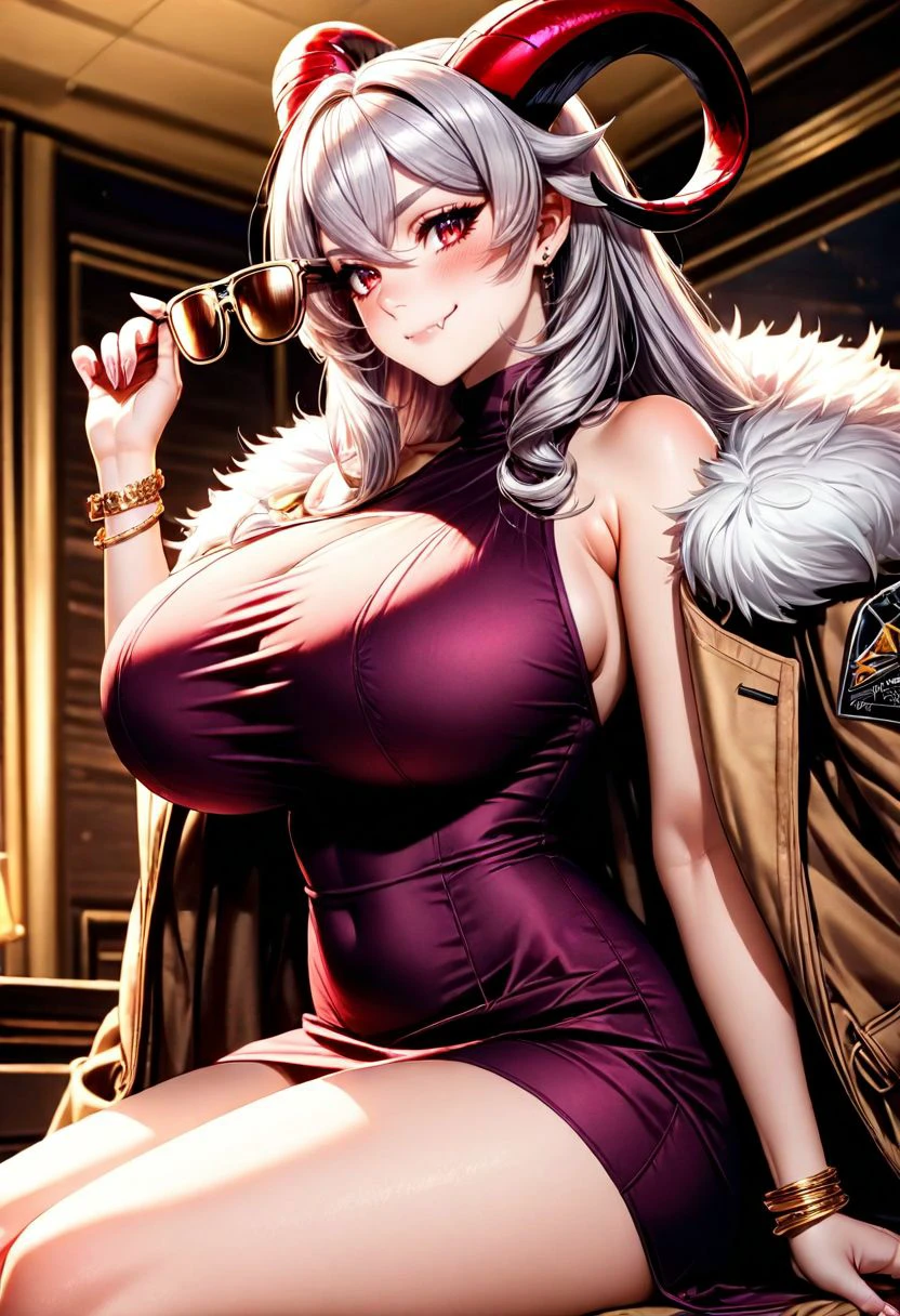 illustriousanime,  beautiful aesthetic, very intricate, high quality details BREAK 1girl, demon girl, demon horns,  goat horns, blush, bracelet, brown-tinted eyewear, brown coat, dress, fang, fingernails, fur-trimmed coat, fur trim, grey hair, hair between eyes,  holding removed eyewear, huge breasts, indoors, jewelry, long fingernails, long hair, looking at viewer, sitting, skin fang, sleeveless, sleeveless dress, smile, <lora:Realistic_Anime_-_Illustrious:1>