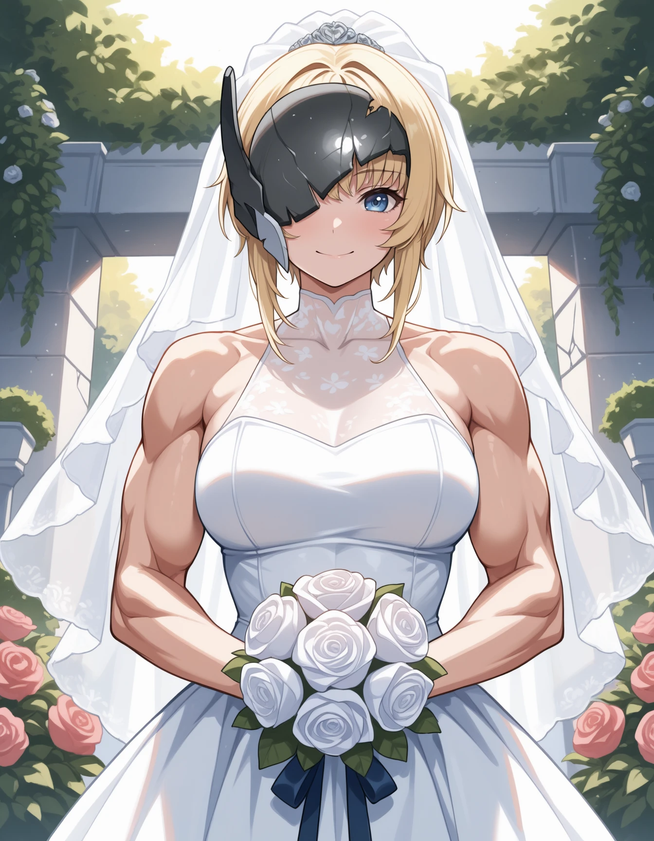 masterpiece, best quality, absurdres, very aesthetic, solo, wedding, garden, 1girl, blonde hair, blue eyes, short hair, sidelocks,  wedding dress, white dress, muscular female, looking at viewer, smile, broken mask, one eye covered, pov    <lora:gravenikke-illu-byananas-v12:1>