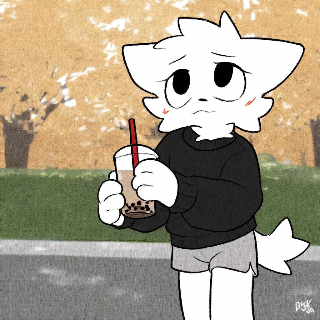 (2024, very aesthetic, newest, best quality, masterpiece), boykisser, solo, furry, cat, white fur, black eyes, black sweater, gray shorts, holding, bubble tea, park, park background