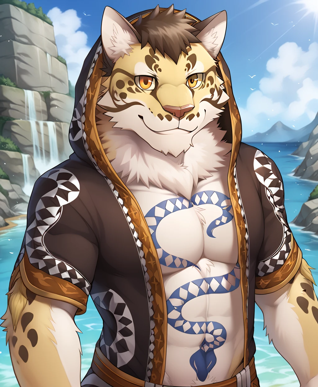 4k, high resolution, best quality, perfect colors, perfect shadows, perfect lighting, photorealistic, hyperrealistic, ultradetailed, posted on e621, furry body, solo, anthro snow leopard, (young male cub), full length, (muscular, abs, toned body:1.4), white body, teal spots, teal eyes, bare torso, correct anatomy, (realistic fur, detailed fur:1.4), detailed beach background, palms, (correct hands), natural lighting, (by Chunie), anatomically correct snow leopard tail, (hands on hips:1.4), (transparent sarong, bikini top, penis chastity lock under sarong, blue thong:1.2), (detailed eyes:1.3), shy, horny, body fur, detailed face, detailed eyes, detailed body, detailed body fur, detailed hands, sassy face, :3, flat body, glistering body, shiny body, skinny,,fullbody, panorama, best quality, photorealistic, hyperrealistic, ultradetailed, detailed background, photo background, lewd, pleasure, cgi, photorealistic, high detail, realistic, masterpiece, absurdres, best quality, HDR, high quality, high-definition, extremely detailed, 8k wallpaper, intricate details, 8K uhd, Full-HD, (realistic photo:1.4)