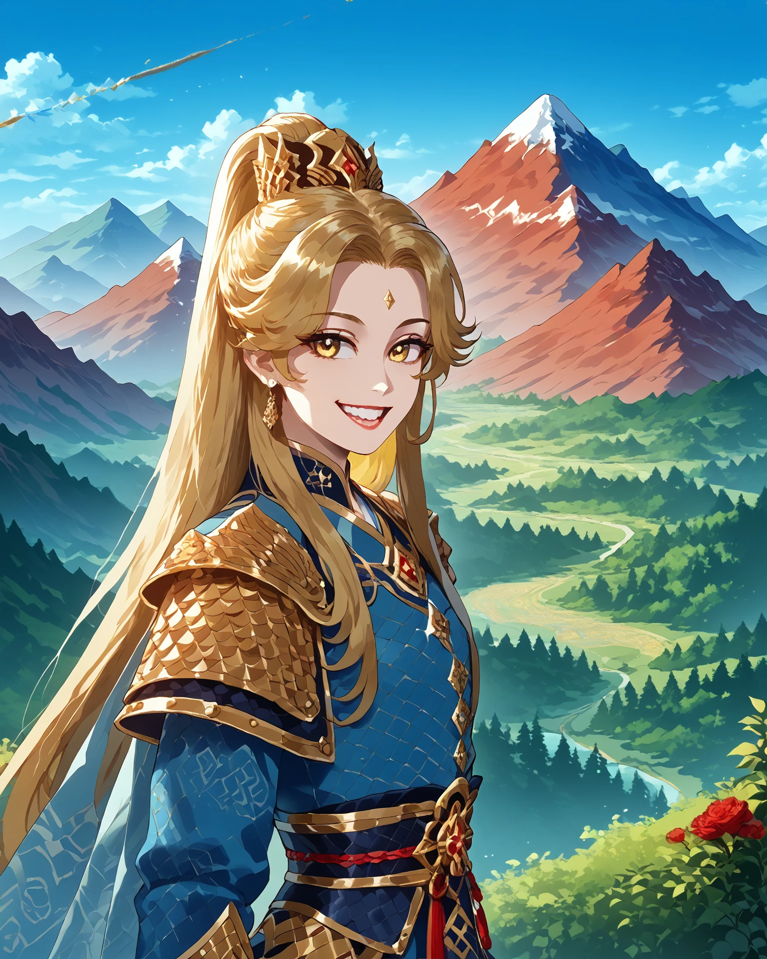 1girl, chinagen, gold eyes, blue clothing, red embroidery, patterning, gold accents, happy, beautiful mountain scenery, masterpiece, highest quality, absurdres, digital art, very detailed, score_9, score_8_up, score_7_up, long hair,  <lora:ChinaGen_XL-000012:1.2>,   <lora:nyantcha_style_pdxl_v2_goofy:1>