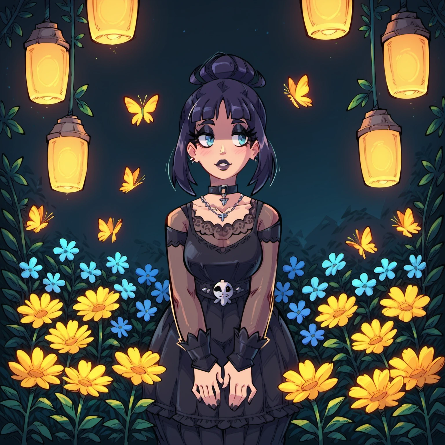 gerph_style, woman, flowers, dress, butterflies, hanging lanterns, night, garden, goth, eyeliner, goth woman  <lora:flower_woman_01_resized:0.6> <lora:Gerph-V2:1>