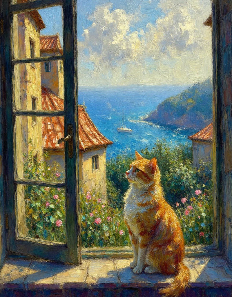 <lora:Art style Impressionist:0.9> art style impressionist, painting, a cat at a window