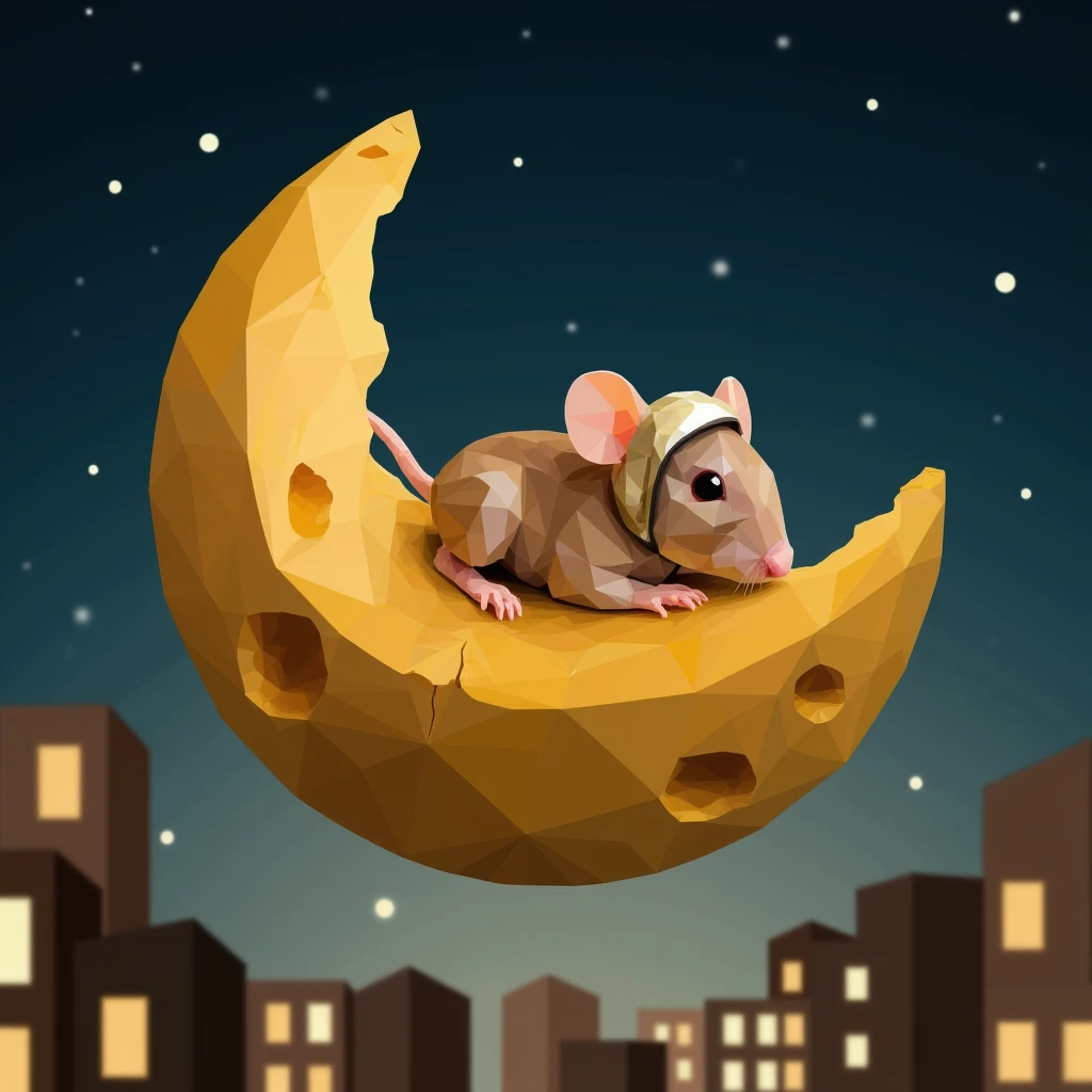 Low Poly style,The image depicts a mouse wearing a helmet reclining on a crescent-shaped piece of cheese, which floats serenely in a night sky speckled with stars. The cheese moon is positioned above a cityscape, adding a touch of surrealism. Style: The style is a blend of surrealism and food photography. The image maintains the dreamlike quality of the original, but with a playful twist. The cheese adds a tactile element, inviting the viewer to imagine the texture and aroma. Color Scheme: The color palette is warm and inviting, with shades of golden yellow, creamy white, and deep brown. The cheese would have a rich, buttery hue, contrasting beautifully with the deep blue of the night sky. The stars would retain their soft white glow. Details: The cheese moon would have a slightly uneven surface, with subtle cracks and crevices. The mouse skin would have a warm, golden tone, complementing the color of the cheese. The cityscape would recede into the background, creating a sense of depth and perspective. Tones and Palette: The overall tone of the image would be one of warmth and comfort. The cheese, with its rich colors and inviting texture, would evoke a sense of indulgence and pleasure. The night sky, with its twinkling stars, adds a touch of magic and wonder. Overall Impression: This reimagined image retains the surreal and dreamlike quality of the original, but with a playful and whimsical twist. The use of cheese as the central element adds a tactile and sensory dimension, inviting the viewer to imagine the taste and aroma of this fantastical scene. Additional Notes: The cheese could be any type, but perhaps a Gruyère or Comté with its distinct holes would add to the visual interest. The image could be further enhanced with subtle lighting effects, such as a soft glow emanating from the cheese moon.