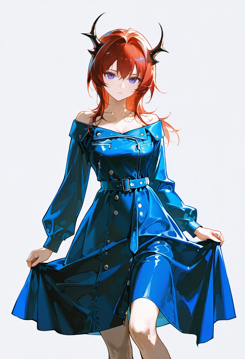 1girl,solo,looking at viewer,ikeda ruriko,duster dress, blue dress, buttons, off shoulder, surtr_(arknights)