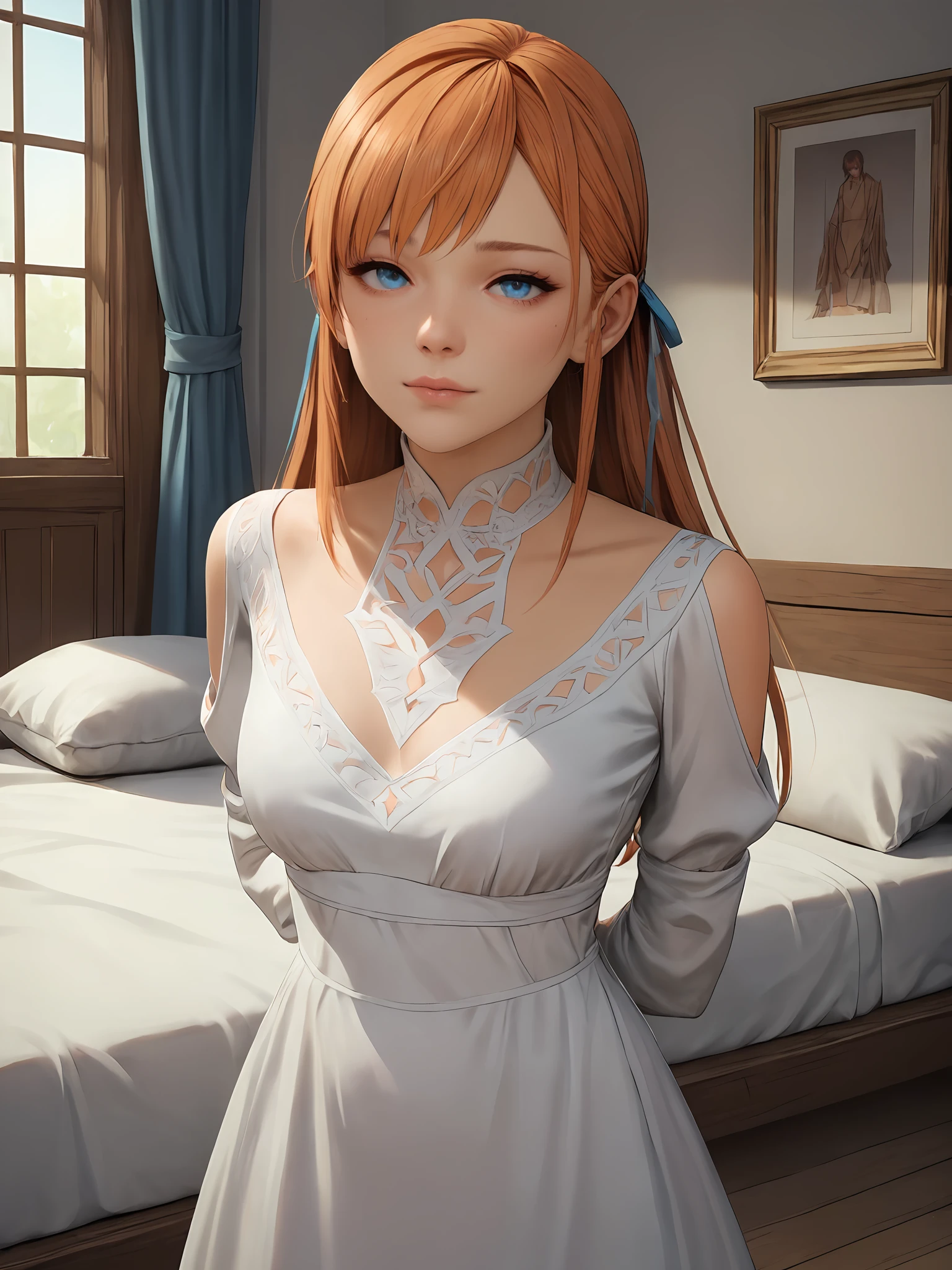 score_9, score_8_up, score_7_up,
masterpiece, best quality,highres, absurdres, very authentic,3d,
HDA_MasterpieceXL_v.1,
1girl,<lora:ryne_FF14:0.75>, ryneFF14,blue eyes, long hair, orange hair, bangs, hair ribbon,
white dress, long sleeves,
arms behind back,
looking at viewer, tilted head, arms behind back,
bedroom,
<lora:add-detail-xl:1>