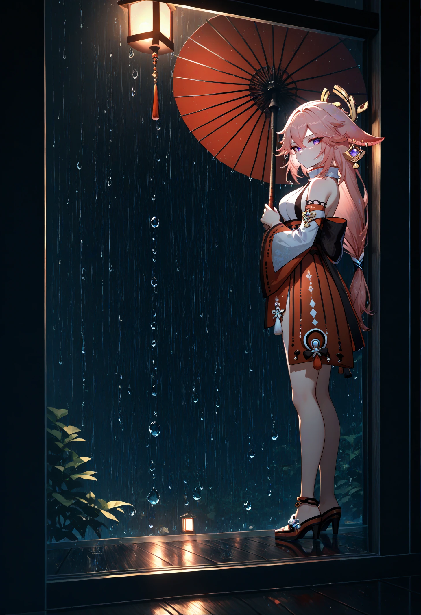 masterpiece, best quality, newest, absurdres, highres, <lora:Detailer_NoobAI_Incrs_v1:1>, detailed, 1girl, yae miko, oil-paper umbrella, wooden floor, japanese clothes, tree, east asian architecture, standing, scenery, holding umbrella, from side, hallway, sliding doors, wide shot, window, reflective floor, light particles, looking at viewer, closed mouth, tassel, ribbon trim, high heels, hand up, bare legs, looking to the side, light rays, water drop, rain, night, reflection, balcony, dark, lantern, railing, high contrast,