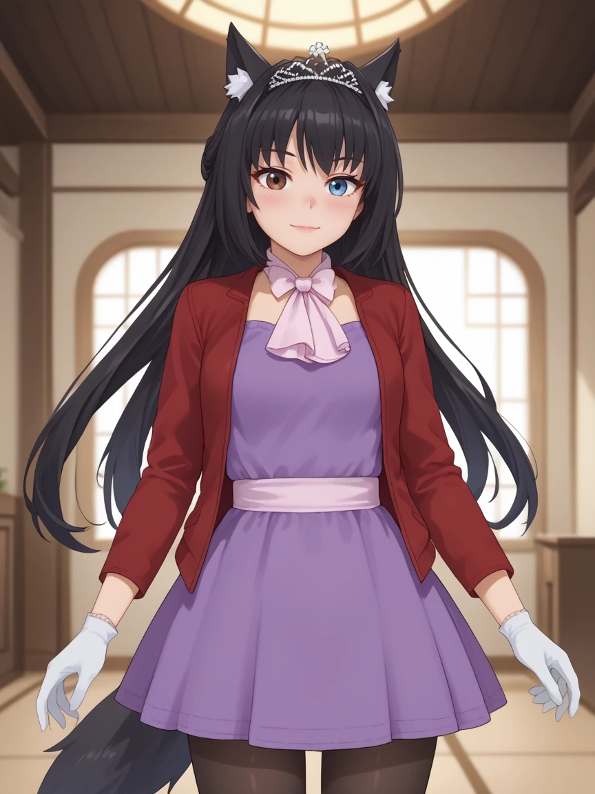 (score_9, score_8_up, score_7_up) source_anime, 1girl, solo, WinterWolf, Black hair, Tail, animal ears, wolf ears, heterochromia, Brown eyes, blue eyes, long hair,tiara, ascot, ribbon, red jacket, long sleeves, purple dress, White gloves, pantyhose,  <lora:WinterOC:0.8> looking at viewer, light smile, blush, contrapposto, indoors, cowboy shot,