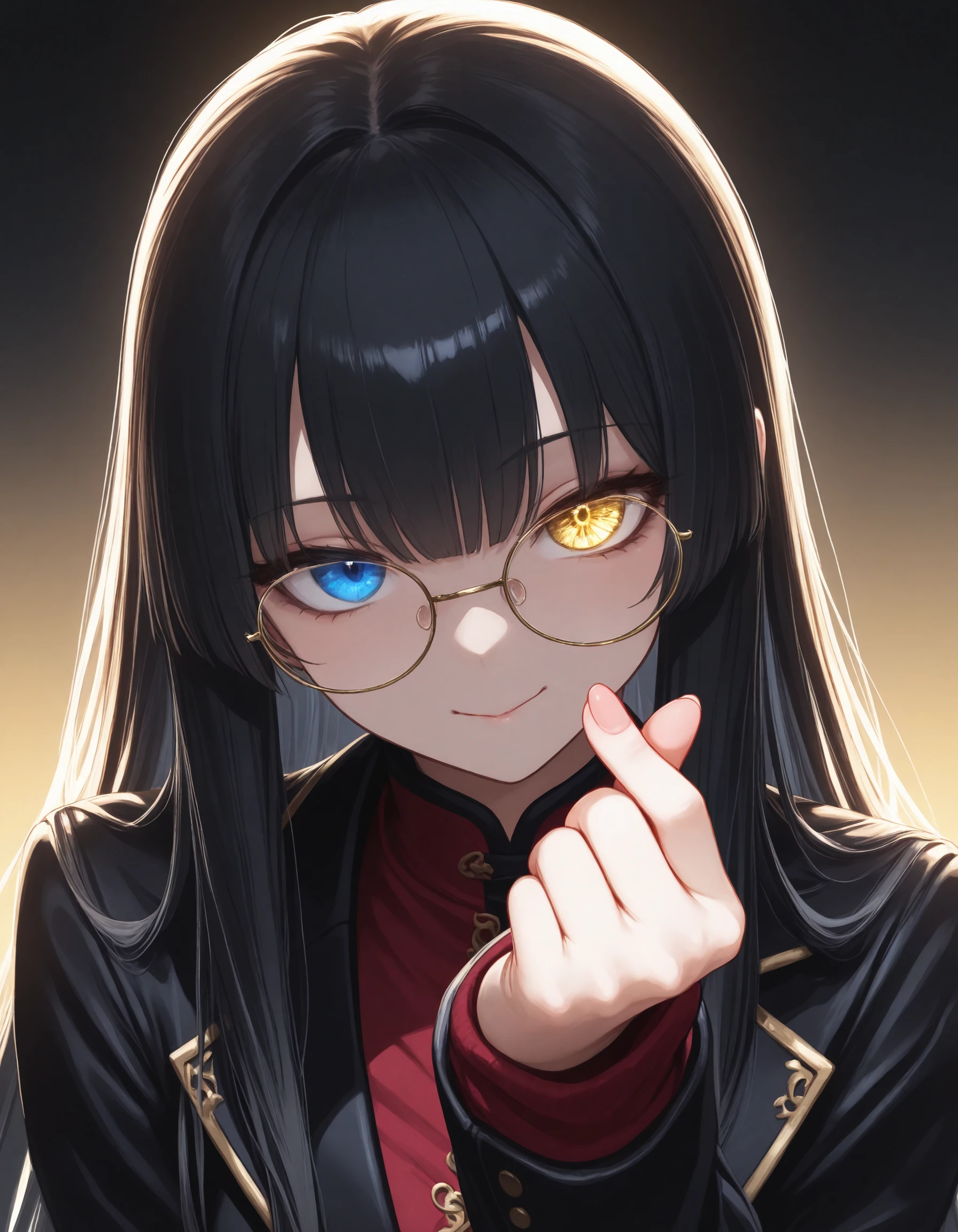 masterpiece, best quality, good quality, very aesthetic, absurdres, newest, 
monster girl, Shapeshifter, relieve expression, closed mouth, extreme long hair, black hair, finger heart, glasses, gradient background, heterochromia, golden eye, golden eye, head tilt, heart, jacket, official alternate costume nagajuban, portrait, solo,
backlighting, simple background,