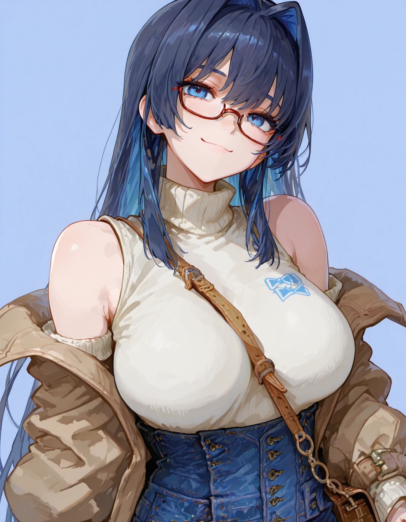 masterpiece, best quality, amazing quality,  
 <lora:kroniIL:1>, kroniiIL, kroniicasual, long hair, hair intakes, white turtleneck, long sleeves, detached sleeves, bare shoulders, jeans, 1girl, solo, looking at viewer, smile, skirt, large breasts, simple background, closed mouth, upper body, glasses, bag, sweater, coat, turtleneck, blue background, between breasts, semi-rimless eyewear, red-framed eyewear, under-rim eyewear, high-waist skirt, turtleneck sweater, brown coat, strap between breasts
 <lora:748cmSDXL:1> 748cmstyle