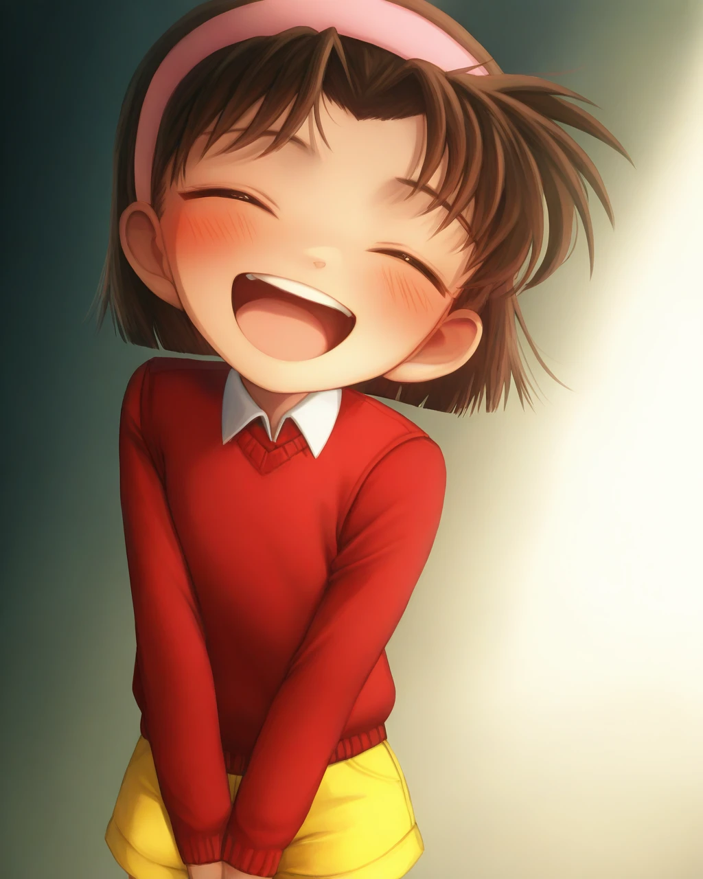 masterpiece, best quality, female , 1girl, solo, ayumi, pink hairband, red sweater vest, collared vest, yellow shorts, laughing, v arms, bedroom