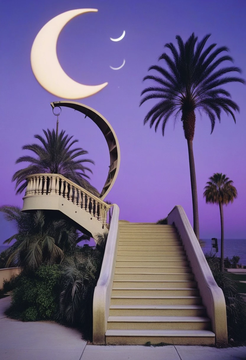 masterpiece, absurdres, best quality, Versabg, tree, no humans, palm tree, crescent moon, outdoors, scenery, moon, sky, building, night, purple sky, lamppost, shadow, stairs, sunset, realistic, ultra HD photography, kodak ektar