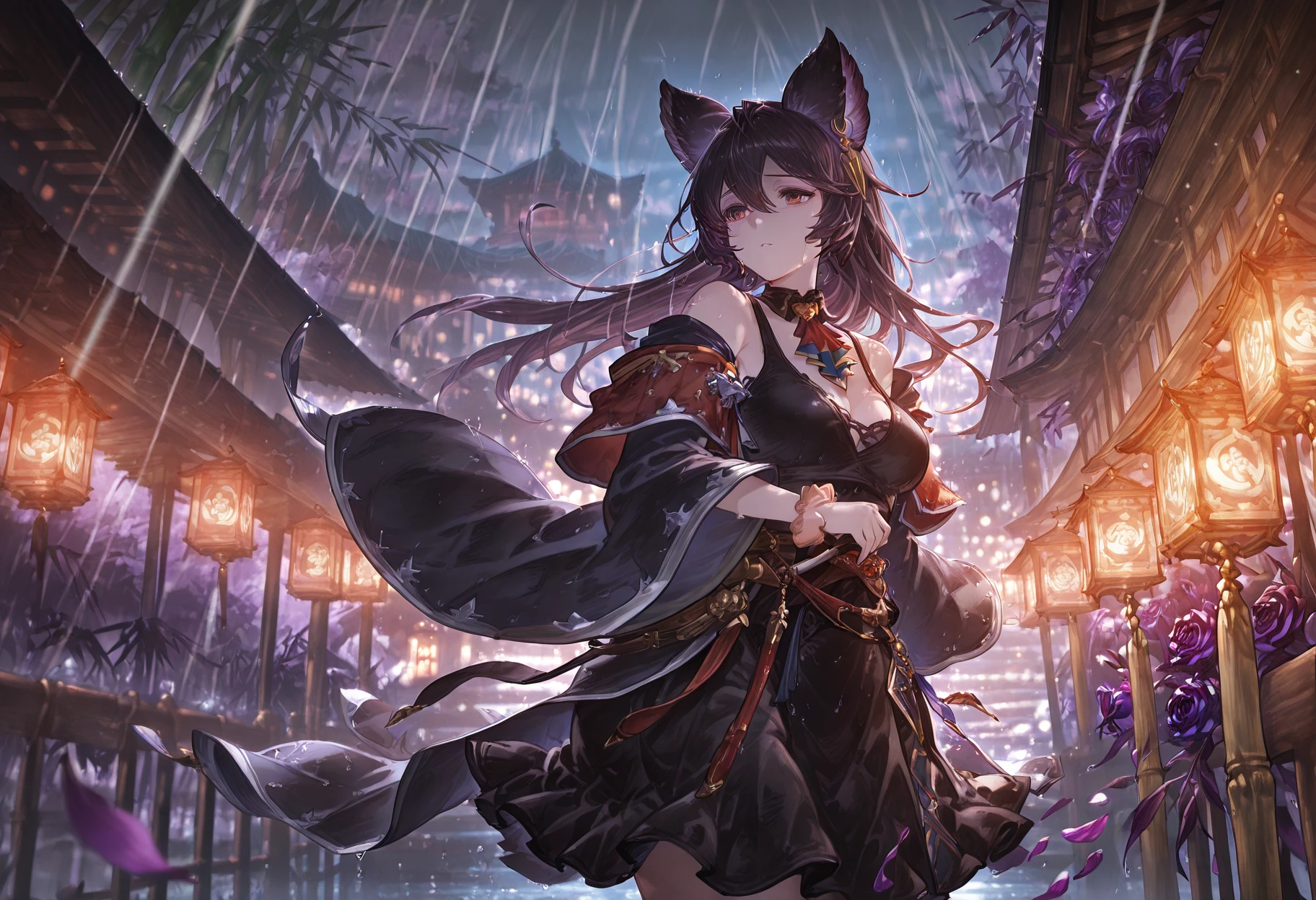 masterpiece, best quality, amazing quality,  
 <lora:neirIL:1>, nierIL, nierdef, black tanktop, black jacket, wide sleeves, black skirt, ear piercing, purple rose, ascot, wrist scrunchie, long hair, hair between eyes, bare shoulders, jewelry, flower, earrings, petals, piercing, 
1girl, architecture, bamboo, black hanfu, east asian architecture, hanfu, jiang shuying, lantern, mi changsheng, night, outdoors, rain, solo
 <lora:GBF_Illustrious:1> gbf_style