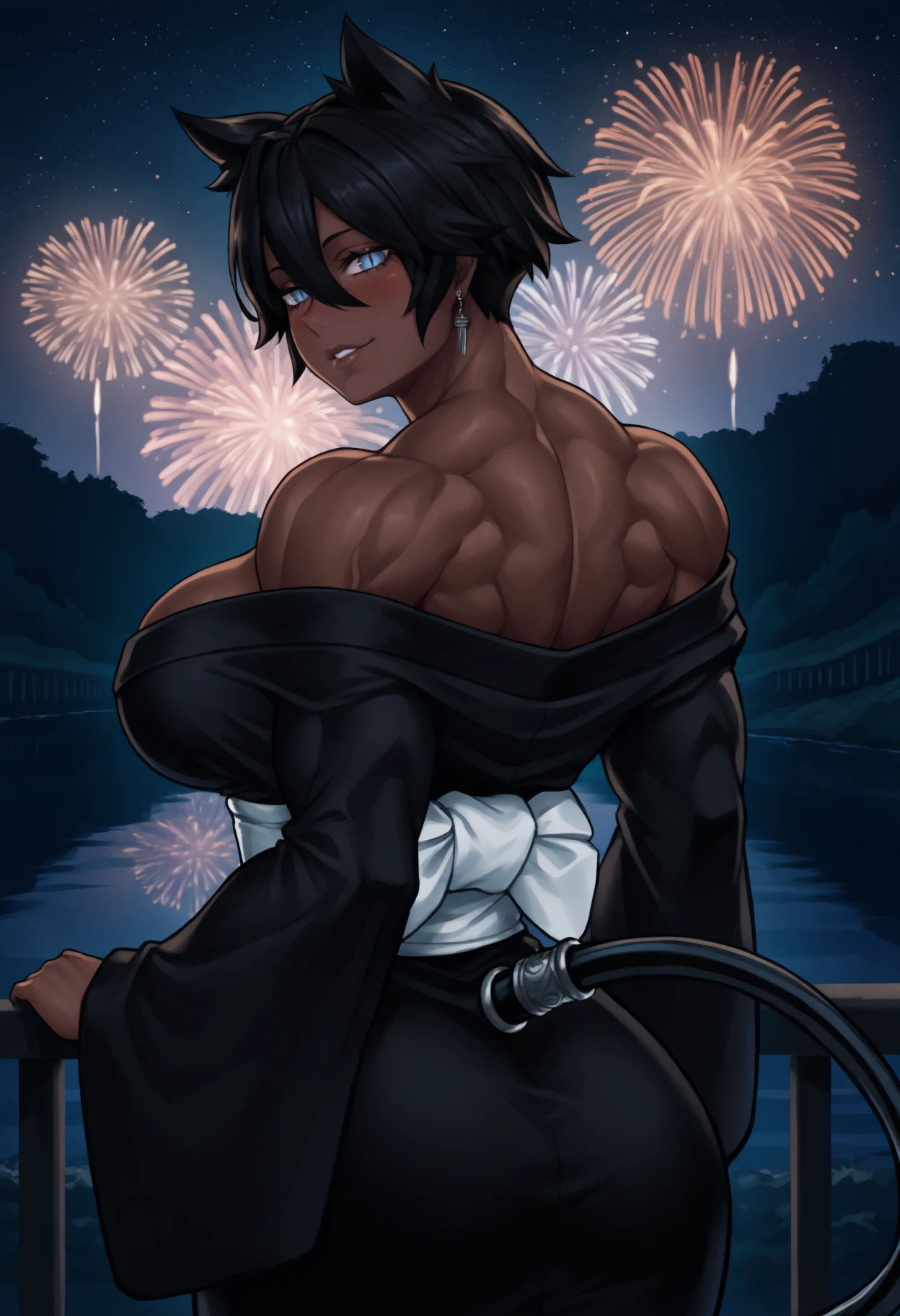 masterpiece, best quality, 1girl, dark-skinned female, hair ears, blue eyes, slit pupils, short hair, black hair, hair between eyes, cable tail, tail ring, large breasts, muscular, veins,
silver earrings, black kimono, off-shoulder kimono,
looking at viewer, looking back, seductive smile, blush, parted lips, bedroom eyes, cowboy shot, railing,
outdoors, night, dark, fireworks, starry sky, river, reflection, scenery, detailed background, from behind,
<lora:Mao-YOTARo-NoobAi-1.1_V1-Manityro-CAME:1.0>