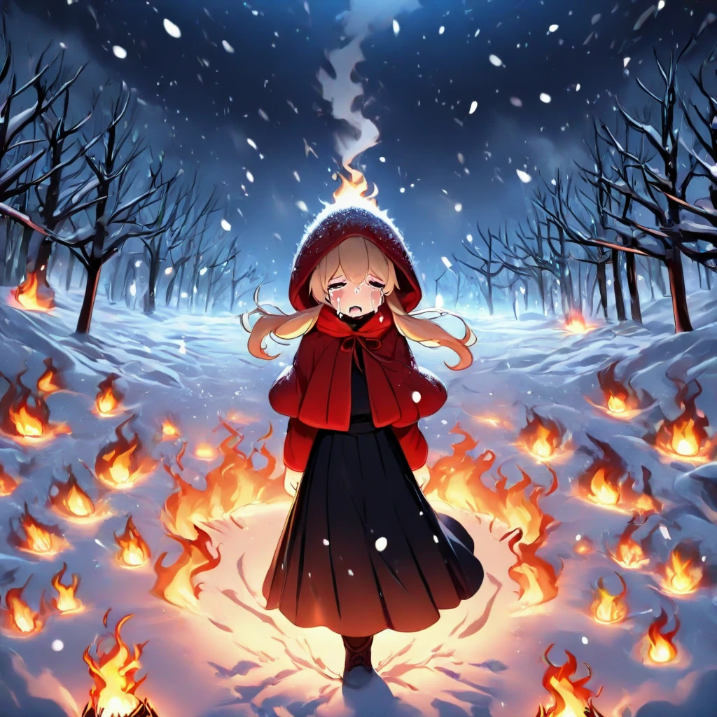 masterpiece, best quality, lit match, wildfire, bushfire, flaming, blaze, burning, 1girl, tears, crying, blonde hair, low twintails, hood up, red hooded jacket, black long skirt, capelet, fog, wind, steam, night, night sky, bare tree, snow, snowing, snowstorm, <lora:girllikelitmatch_ilxl:1>