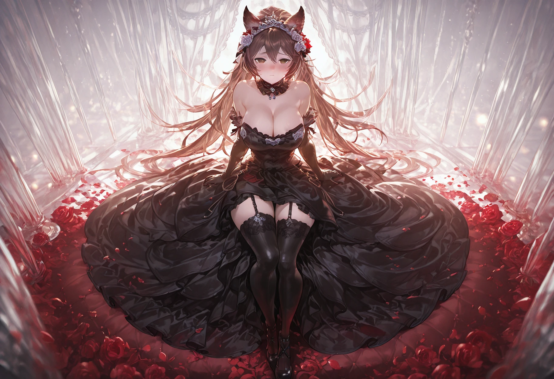 masterpiece, best quality, amazing quality,  
 <lora:neirIL:1>, nierIL, nierbride, black dress, bare shoulders, garter straps, hair flower, rose, tiara, black gloves, 1girl, solo, long hair, looking at viewer, blush, large breasts, hair ornament, thighhighs, gloves, dress, cleavage, brown eyes, jewelry, sitting, very long hair, closed mouth, full body, flower, shoes, elbow gloves, black thighhighs, black footwear, petals, strapless, detached collar, strapless dress
 <lora:GBF_Illustrious:1> gbf_style