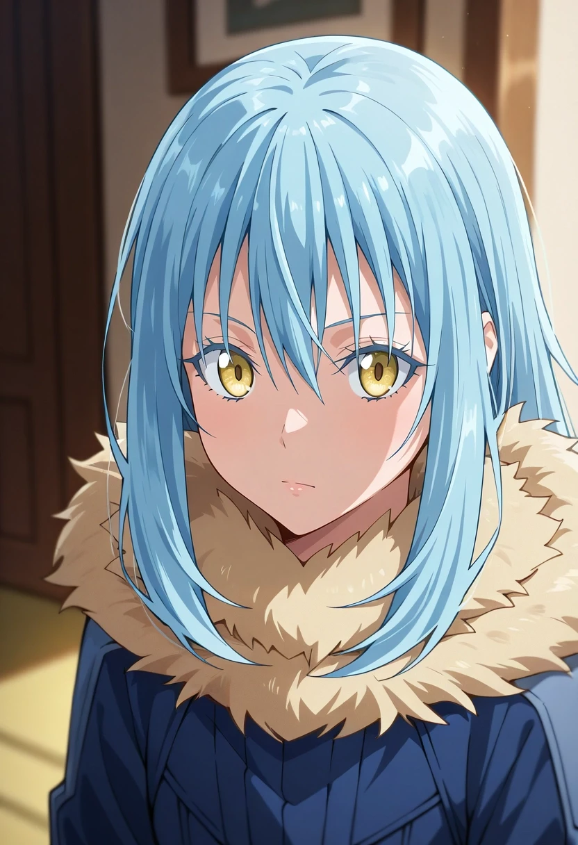 masterpiece, best quality, , semi-realistic, , depth of field, 1girl, solo, <lora:rimuru_tempest_ilxl:0.98>, rimuru_tempest, blue hair, yellow eyes, long hair, bangs, hair between eyes, fur trim, ,