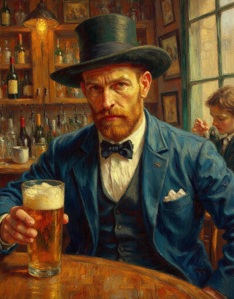 <lora:Art style Impressionist:0.9> art style impressionist, painting, a man holds a beer in a pub