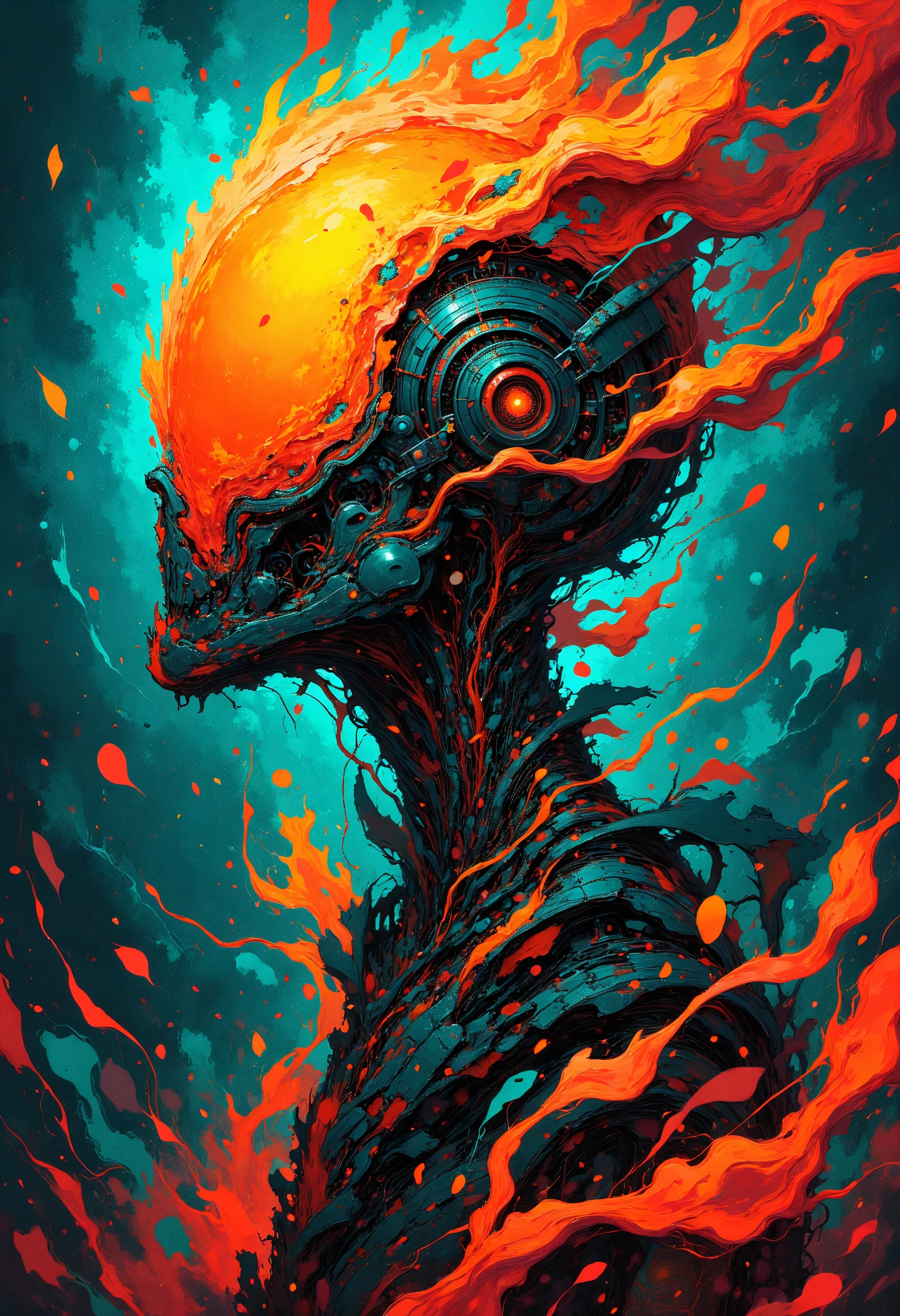 A vividly stylized biomechanical figure, its head a fusion of a glowing orange helmet and intricate skeletal machinery with exposed metallic components and wires connecting like veins, The body features detailed cybernetic patterns and glowing teal accents with fiery orange liquid energy swirling around creating a dynamic and surreal effect, The background is a mix of dark teal and fiery red hues blending abstract shapes and patterns into a high-contrast composition, futuristic cyberpunk art with intricate detail and vibrant colors emphasizing glowing elements and surreal design, (elaborate fine details:1.1), (hyperdetailed:1.1), (intricate details:1.0), (Refined details:1.1), (best quality:1.1), (high resolution:1.2), <lora:FLUX\EmberveilV3:1.0>