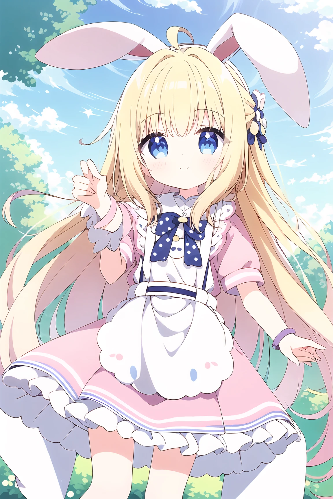 (exceptional, best aesthetic, new, newest, best quality, masterpiece, extremely detailed, anime:1.2),The image is an illustration of a young girl with long blonde hair and bunny ears. She is wearing a pink dress with white polka dots and a white apron. She has a big smile on her face and is holding a small white bunny in her arms. The background is a blue sky with white clouds and green trees. The overall style of the illustration is cute and whimsical,(closed_mouth,smile:1.2)