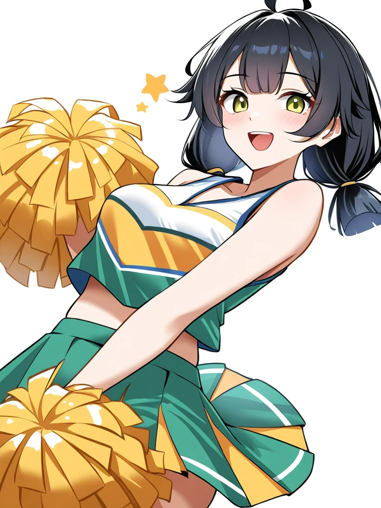 1girl,ahoge,looking at viewer,open mouth,rihefang,smile,(solo:1.2),white background,,simple background,cowboy shot,black hair,cheerleader,green eyes, <lora:rihefang-000018:0.8>, masterpiece, best quality, very aesthetic, absurdres