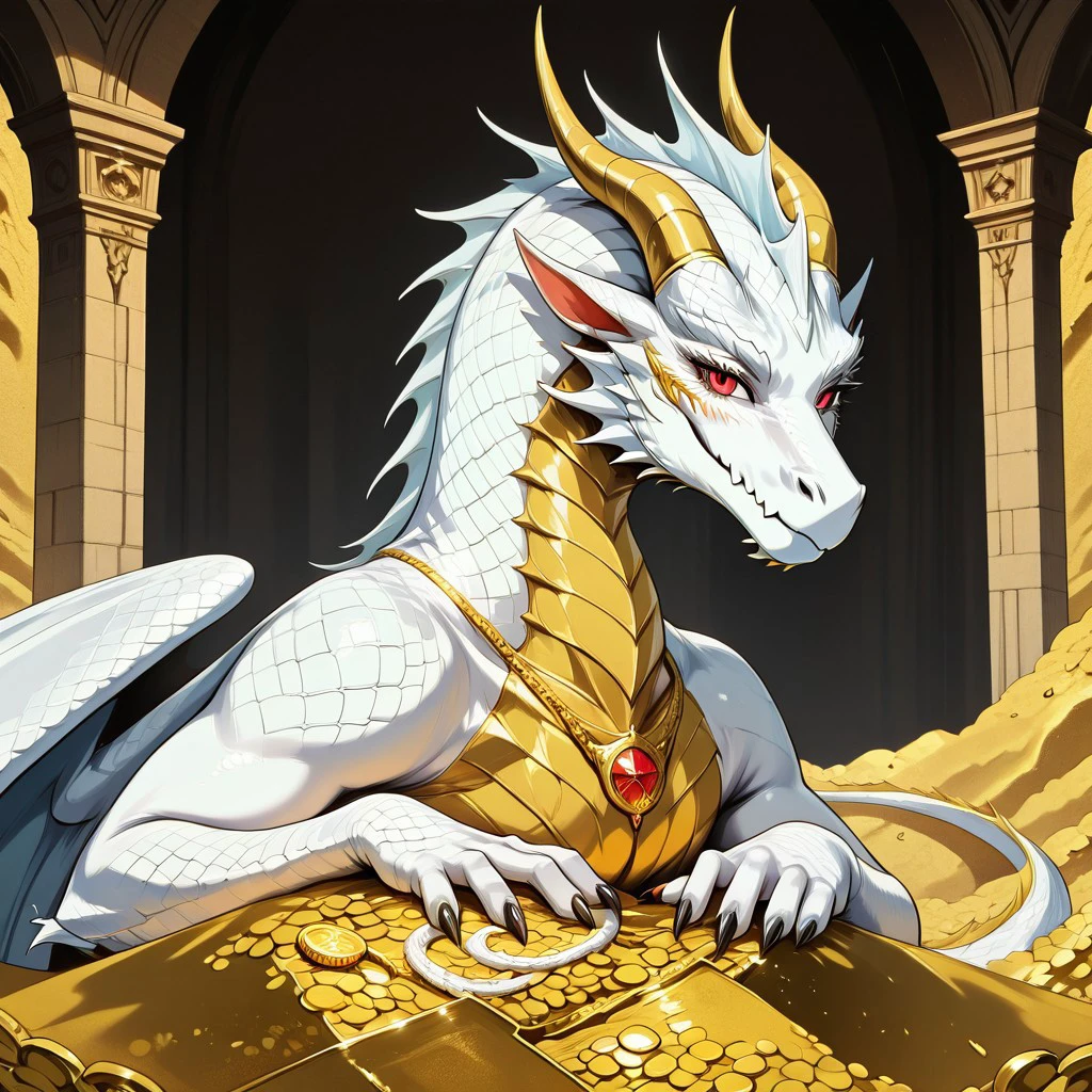 masterpiece, best quality, newest, absurdres, highres, DragonshoardIL, dragon, treasury, treasury-background, background, gold tresure, golden coins, coins, gold, tresurę chest, jewelry, dragon, white dragon, white scales, red eyes, looking at viewer,