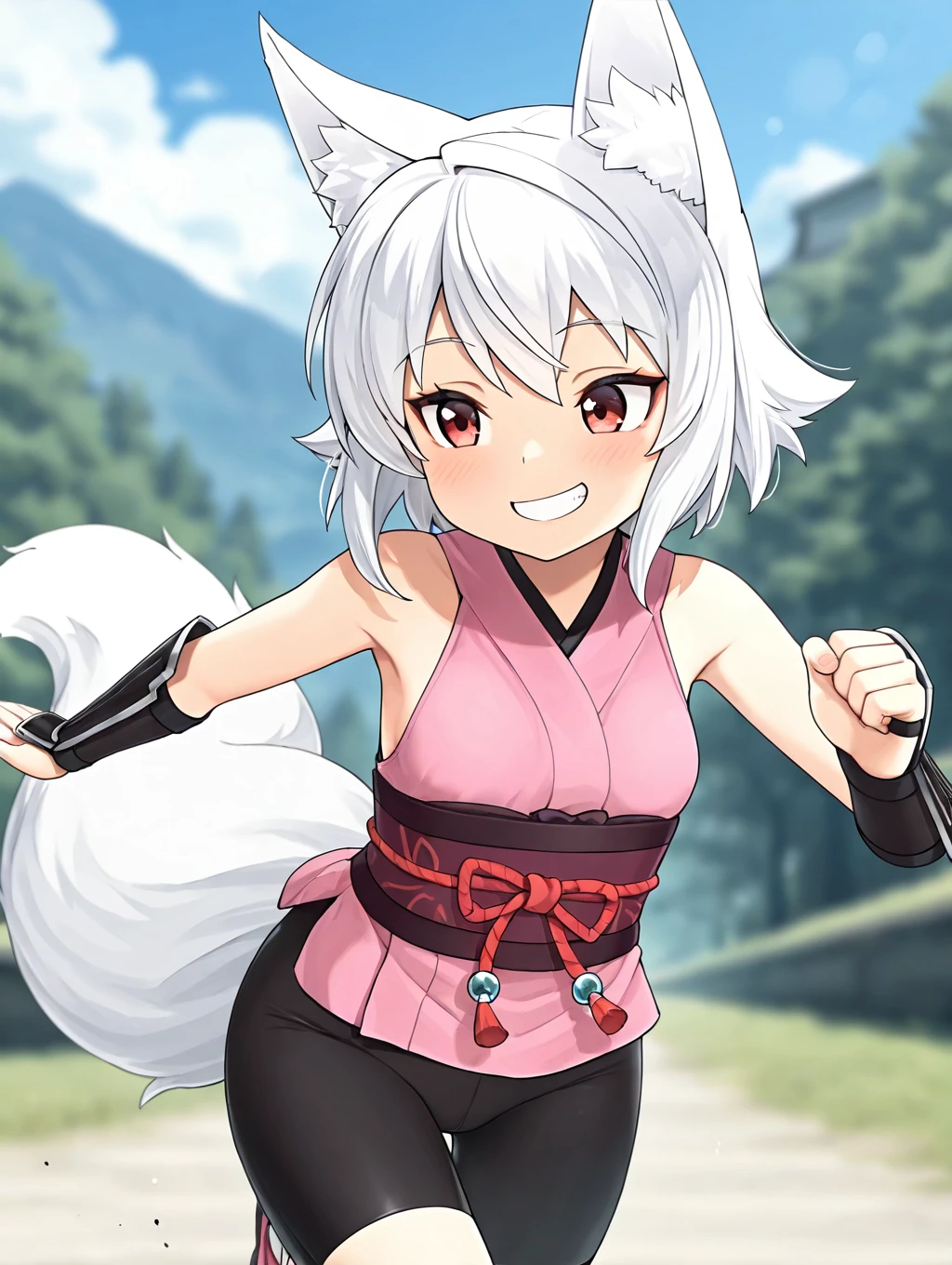 1girl, Kitsu, white hair, short hair, hair fox ears, red eyes, 2 fox tail, black shorts, bike shorts, pink gi, sleeveless, armguards,

(dynamic pose), running, happy, smile,

masterpiece, best quality,amazing quality, very aesthetic, absurdres, depth of field, blurry background, extremely detailed face, detailed eyes