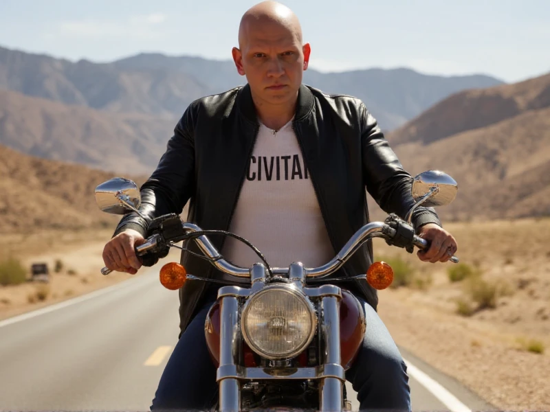 <lora:Noho_Hank:0.9> noho hank, a bald man with arm tattooes rides a harley davidson in the desert. He wears a "CIVITAI" tshirt and a leather jacket