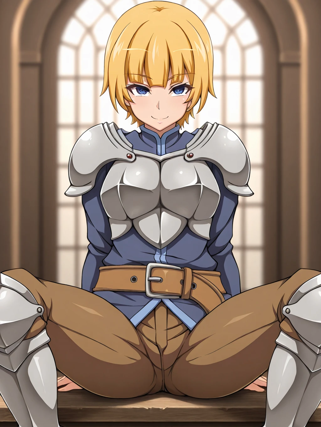 1girl, Sara, blonde hair, short hair, blue eyes, standing, armor, chestplate, pauldrons, blue shirt, long sleeves, belt, brown pants,

looking at viewer, smile, sitting, spreaded legs,

masterpiece, best quality,amazing quality, very aesthetic, absurdres, depth of field, blurry background, extremely detailed face, detailed eyes