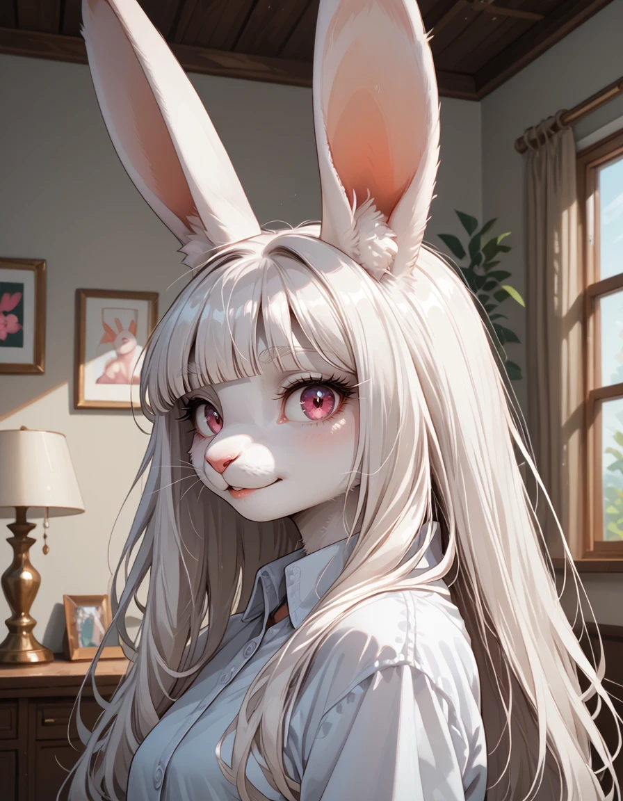 score_9,score_8_up,score_7_up,
indoors,bedroom,
headshot,seductive smile,parted lips,long eyelashes,standing,pose,
<lora:Yukyo_v01_PDXL:1>,Yukyio,1girl,solo,furry female,rabbit girl,rabbit ears,animal ear fluff,rabbit tail,white hair,long hair,pink eyes,animal nose,snout,
<lora:add-detail-xl:1>,