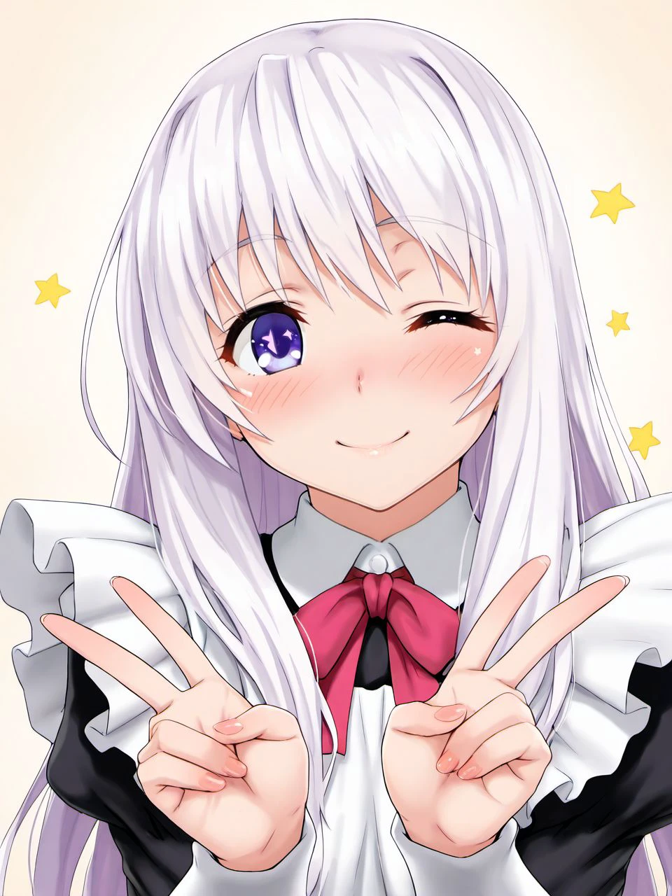 masterpiece, best quality, amazing quality, very aesthetic, high resolution,
manshiro, white hair, violet eyes, long hair, otoko no ko, solo, headshot, one eye closed, smile, long hair, star (symbol), bow, maid uniform, double v, 
<lora:Ma(n)shiro Blan de Windbloom (male)_epoch_7:0.9>,