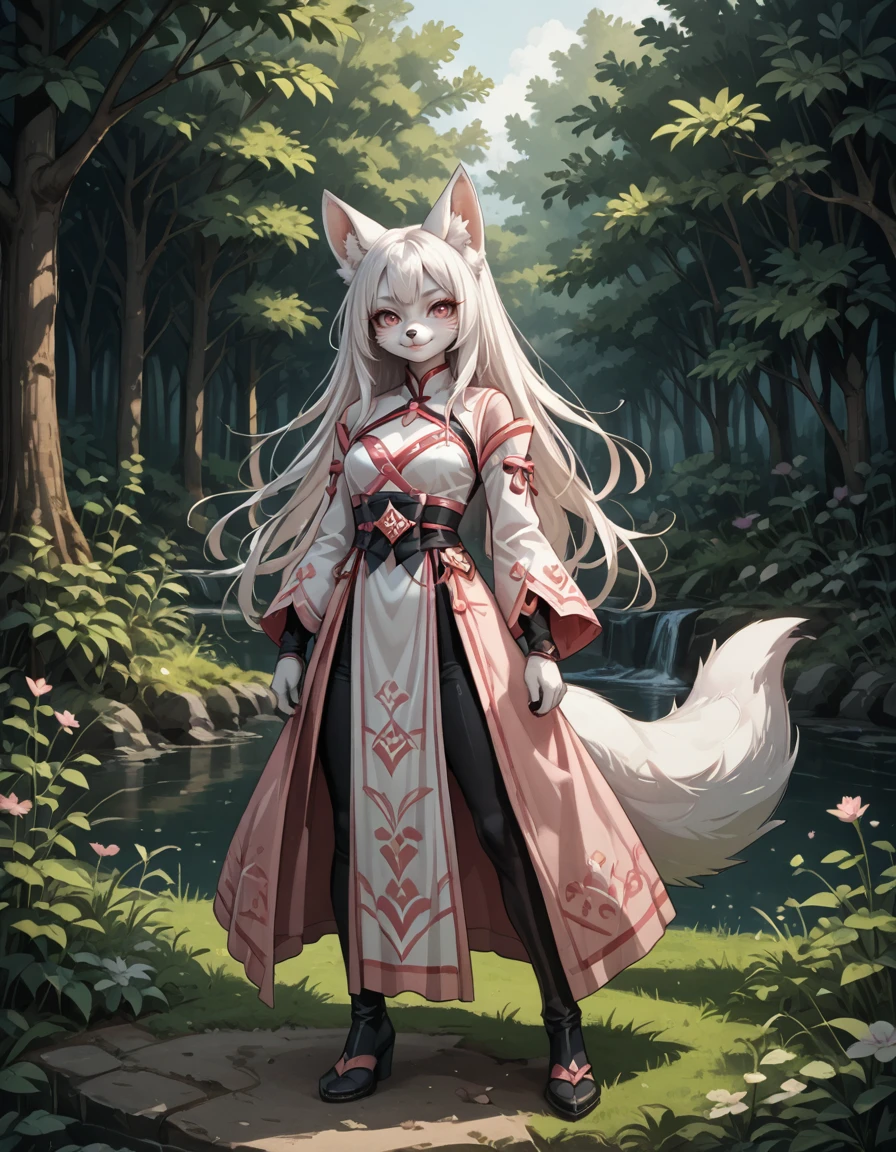 score_9,score_8_up,score_7_up,
outdoors,
full body,seductive smile,parted lips,long eyelashes,pose,standing, 
<lora:Kytsune_v01_PDXL:1>,Kytsune,1girl,solo,furry female,fox girl,fox ears,animal ear fluff,fox tail,white hair,long hair,pink eyes,body fur,white fur,snout,animal nose,
<lora:add-detail-xl:1>,