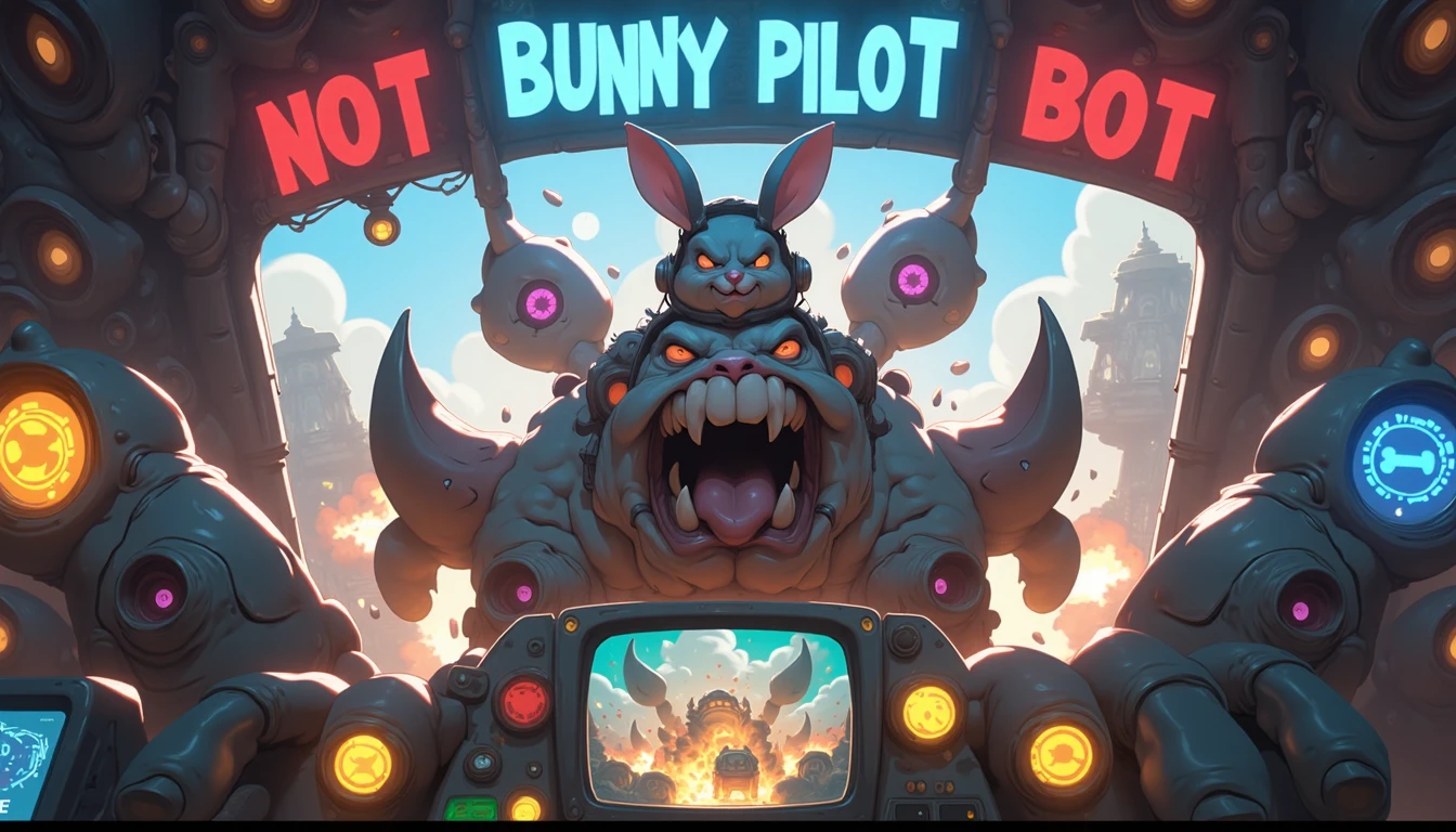 an anime NIJI artwork using muted colors, adorable angry bunny in a headset cockpit sitting atop a horrific monster; its head replaced by the pilot seat; exaggerated features amplify unattractiveness. Surrounding elements include a giant "NO FLYING" sign with bubble letters; a control panel emitting bright lights; a cockpit window offering a bird's-eye view of destruction; a menacing claw reaching upward; a "BUNNY PILOT" banner floating above